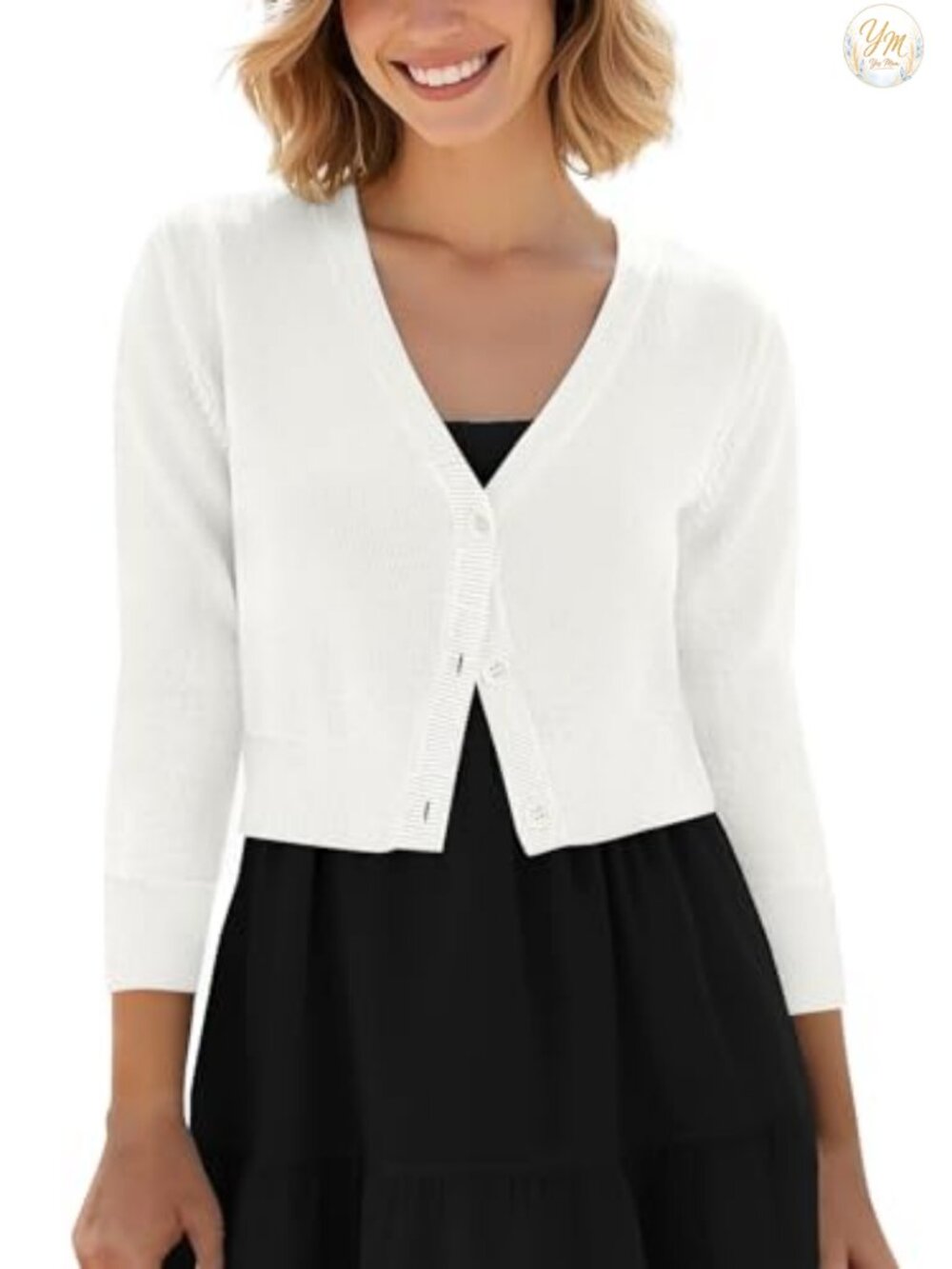 Urban CoCo Women's Cropped Cardigan V-Neck Button Down Knitted Sweater 3/4